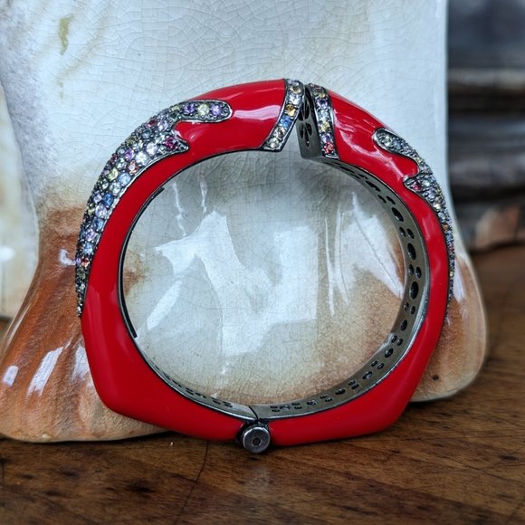 Rina Limor Red Enamel Bracelet 925 Sterling Silver Clamper Bangle Cuff Signed - Picture 6 of 7